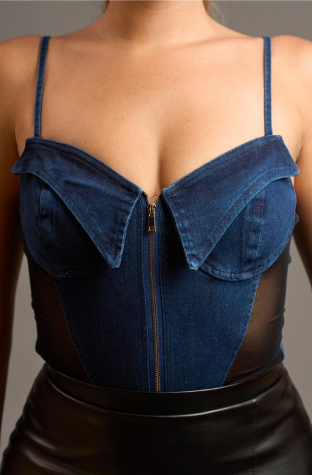 Denim mesh bodysuit