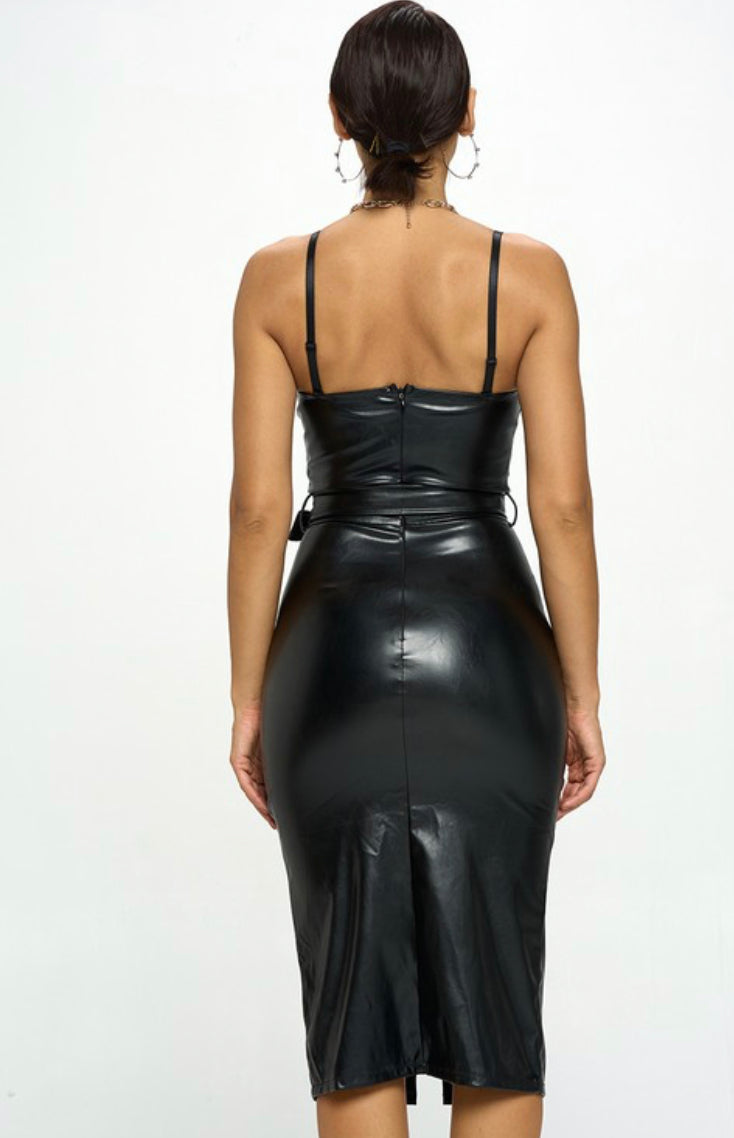 Black leather midi dress