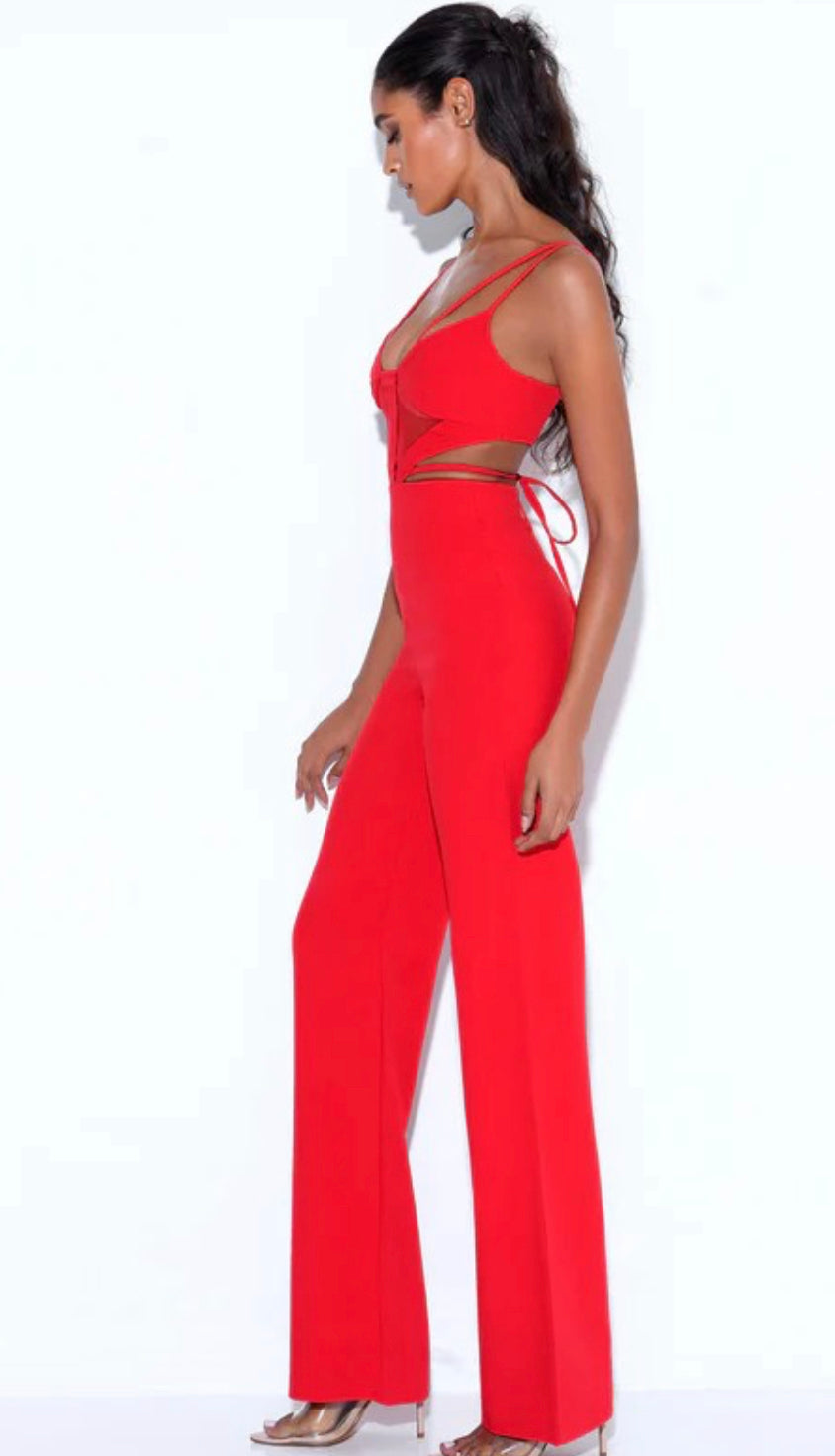 Red strapped jumpsuit