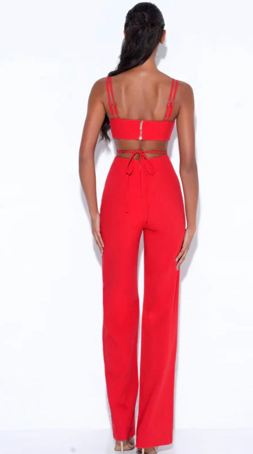 Red strapped jumpsuit